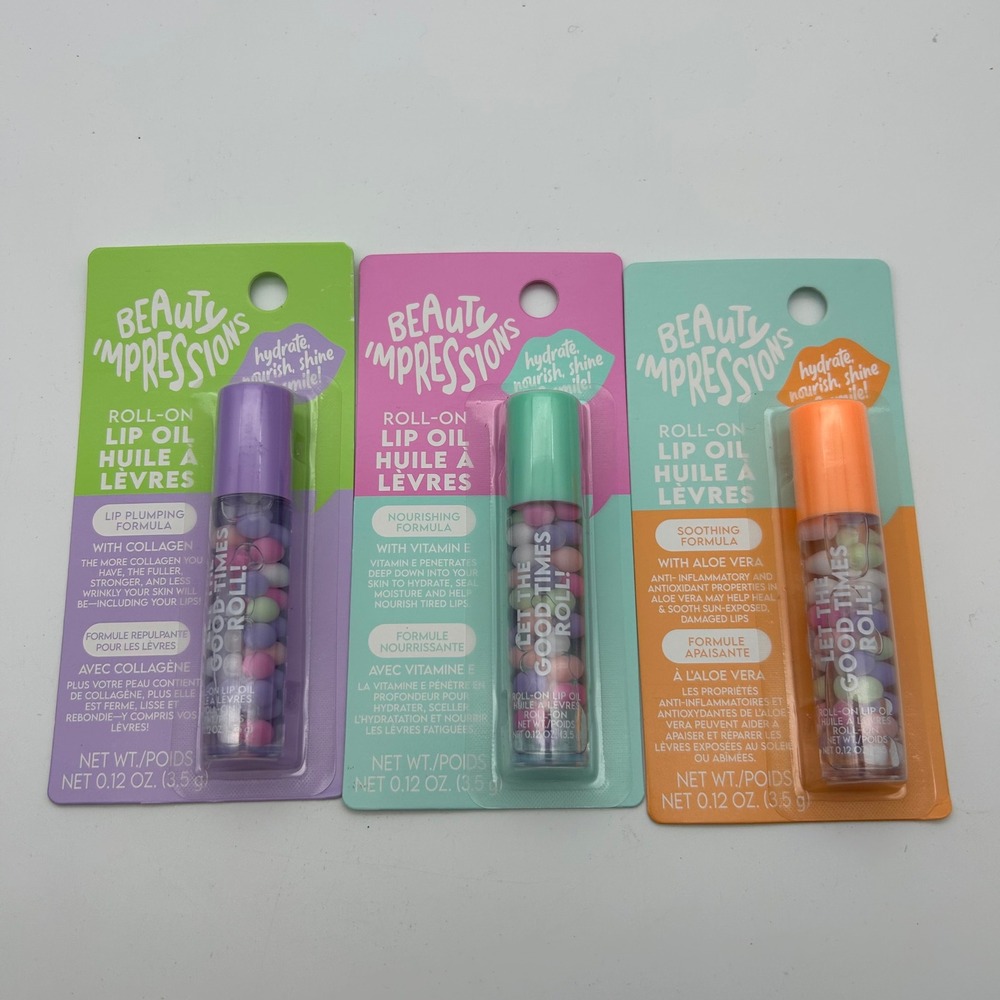 Beauty Impressions Roll-On‎ Lip Oil Set 3pk Collagen Vitamin E Aloe Vera New